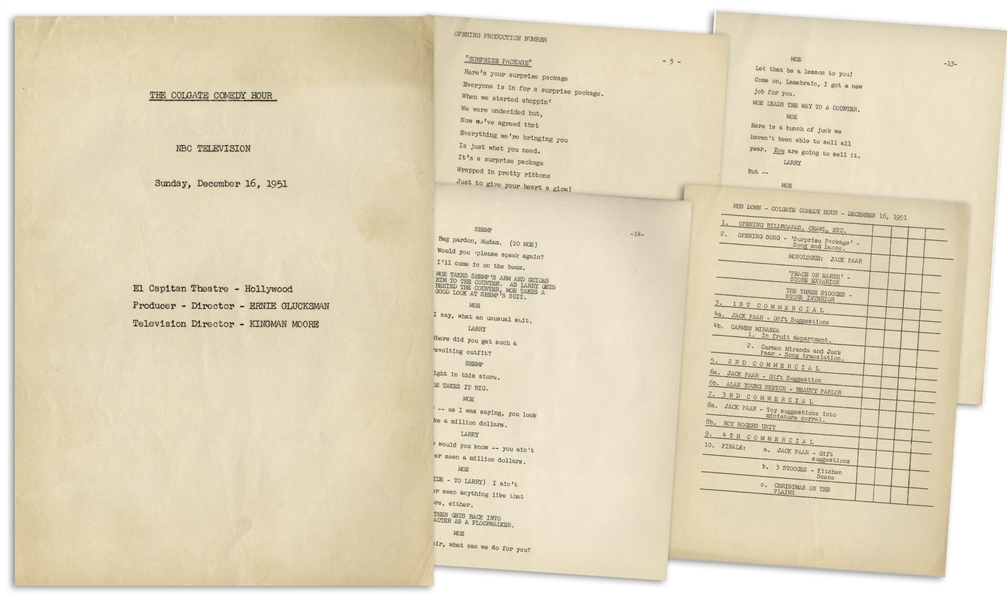 Moe Howard's 62pp. Script, Plus Run Down Page, for ''The Colgate Comedy Hour'' Airing 16 December 1951 -- Very Good Plus Condition
